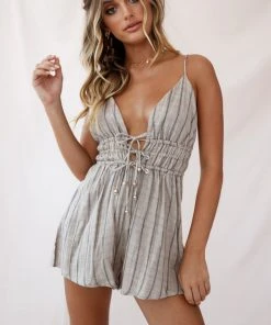 Selfie Leslie Trending Lorahdae V-Neckline Drawstring Waist Romper Stripe Print Mocha