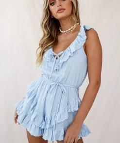 Selfie Leslie Baby Shower Petrie Ruffle Detail String Waist-Tie Romper Steel Blue
