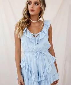 Selfie Leslie Baby Shower Petrie Ruffle Detail String Waist-Tie Romper Steel Blue