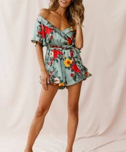 Selfie Leslie Ambrosia Off-Shoulder Floral Romper Sage