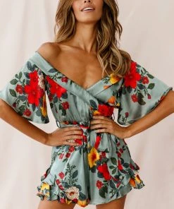 Selfie Leslie Ambrosia Off-Shoulder Floral Romper Sage