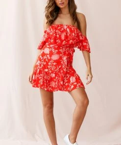 Selfie Leslie Audrina Off-Shoulder Wrap Dress Floral Print Red Trending