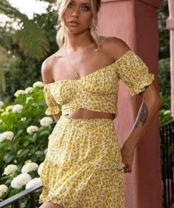 Selfie Leslie Alexi Frill Trim Mini Skirt Sunflower Print Yellow