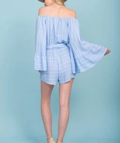 Clothing Brisk Bell Sleeve Romper Blue & White | Sophisticated | Selfie Leslie