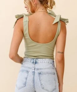 Selfie Leslie Can't Stop Me Bow Shoulder Bodysuit Moss Green New Tops
