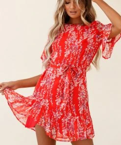 Selfie Leslie Azealia Ruffle Hem Dress Floral Spring Print Red Bestsellers