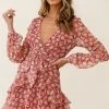 Selfie Leslie Clearance Kerry Layered Balloon Sleeve Dress Floral Print Wine