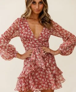 Selfie Leslie Clearance Kerry Layered Balloon Sleeve Dress Floral Print Wine