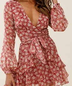Selfie Leslie Clearance Kerry Layered Balloon Sleeve Dress Floral Print Wine