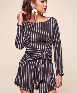 Selfie Leslie Clearance Abbey Waist Tie Pinstripe Romper Black & White Clothing