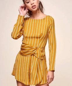 Selfie Leslie Clearance Abbey Waist Tie Pinstripe Romper Mustard & White Clothing