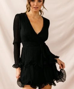 Selfie Leslie Bestsellers Greta Tiered Ruffle Chiffon Long Sleeve Dress Black