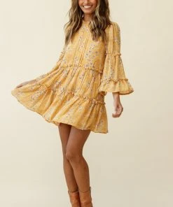 Selfie Leslie Beatrix High Neck Bell Sleeve Dress Droplet Print Yellow