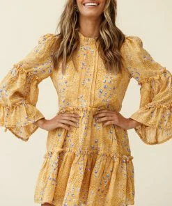 Selfie Leslie Beatrix High Neck Bell Sleeve Dress Droplet Print Yellow