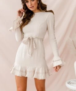 Selfie Leslie Aspley Flare Cuff Waist Tie Dress Beige New In