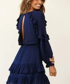 Selfie Leslie Best Wishes Long Sleeve Frill Detail Dress Navy Trending