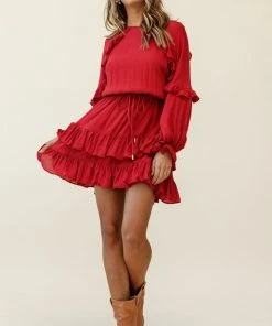 Selfie Leslie Best Wishes Long Sleeve Frill Detail Dress Wine