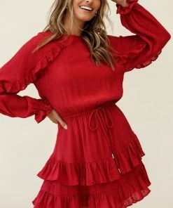 Selfie Leslie Best Wishes Long Sleeve Frill Detail Dress Wine