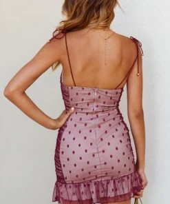 Selfie Leslie Bambi Ruched Mini Dress Polka Dot Plum Bestsellers