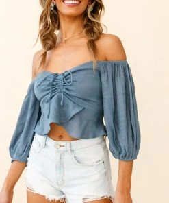 Selfie Leslie Avaline Balloon Sleeve Ruched Bust Bardot Top Midnight Blue