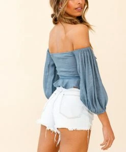 Selfie Leslie Avaline Balloon Sleeve Ruched Bust Bardot Top Midnight Blue