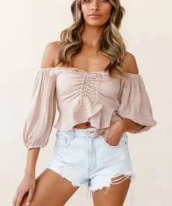 Selfie Leslie Avaline Balloon Sleeve Ruched Bust Bardot Top Beige