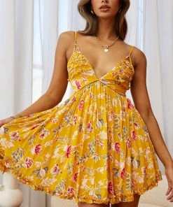 Selfie Leslie Clearance Dote On Me Frill Trim Strappy Back Dress Flower Print Mustard