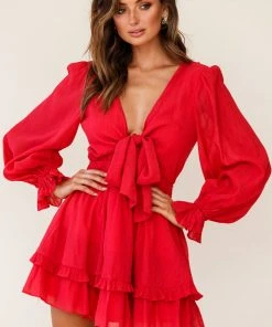 Selfie Leslie Anthea Bow-Tie Front Layered Frill Dress Red