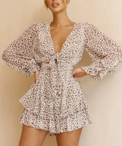 Selfie Leslie Anthea Bow-Tie Front Layered Frill Romper Leopard Print Beige