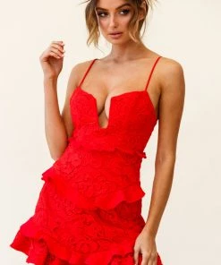 Selfie Leslie Valentines Day James Tiered Frill Mini Dress Lace Red