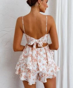 Selfie Leslie Good Morning Angel Molded Bust Flounce Hem Romper Floral Orange