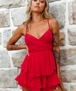 Selfie Leslie Valentines Day Kristina Embroidered Bodice Flounce Romper Red