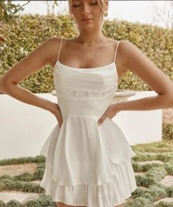 Selfie Leslie Well Versed Cowl Neck Flounce Romper White New In