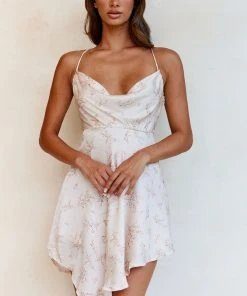 Selfie Leslie Angel Eyes Cowl Neck Asymmetrical Hem Mini Dress Floral Print Champagne New In