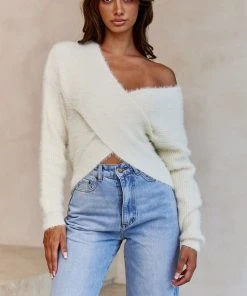 Selfie Leslie All My Love Long Sleeve Crossover Knit Sweater Off White