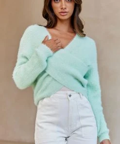 Selfie Leslie All My Love Long Sleeve Crossover Knit Sweater Soft Lime New In