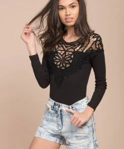 Selfie Leslie Brittan Crochet Bodysuit Black Clothing
