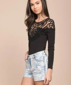 Selfie Leslie Brittan Crochet Bodysuit Black Clothing