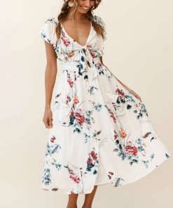 Selfie Leslie Amelie Tied Bust Pocket Midi Dress Floral Print Beige