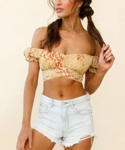 Selfie Leslie Clearance Linka Off-Shoulder Tie-Back Crop Top Mini Flower Print Yellow