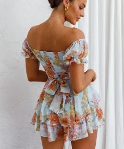 Selfie Leslie Linka Off-Shoulder Tie Back Romper Floral Blue New In