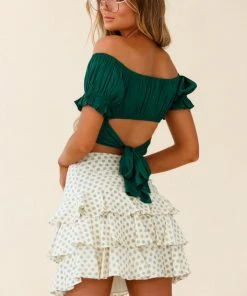 Selfie Leslie Bestsellers Linka Off-Shoulder Tie-Back Crop Top Forest Green