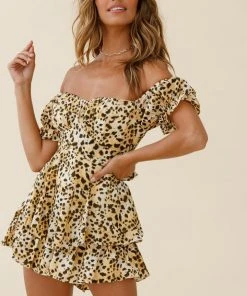 Selfie Leslie Trending Linka Off-Shoulder Tie Back Romper Leopard Print Yellow