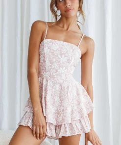 Selfie Leslie Alexandria Square Neckline Tie Back Romper Pink Floral Print