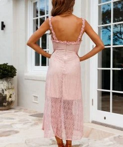 Selfie Leslie Valentines Day Isadora Mesh Overlay Frill Trim Neckline Midi Dress Mauve