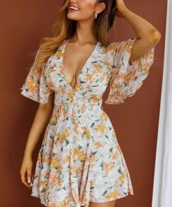 Selfie Leslie Estelle Angel Sleeve Dress Lily Print Blue