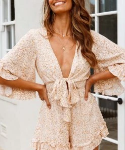 Selfie Leslie Athira Tied Bust Flared Sleeve Frill Romper Floral Print Yellow