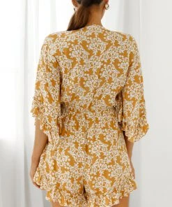 Selfie Leslie Athira Tied Bust Flared Sleeve Floral Stencil Print Romper Yellow
