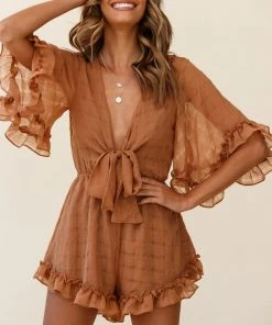 Selfie Leslie Athira Tied Bust Flared Sleeve Frill Romper Tan