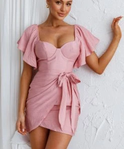 Selfie Leslie Aphrodite Molded Bust Angel Sleeve Wrap Dress Blush